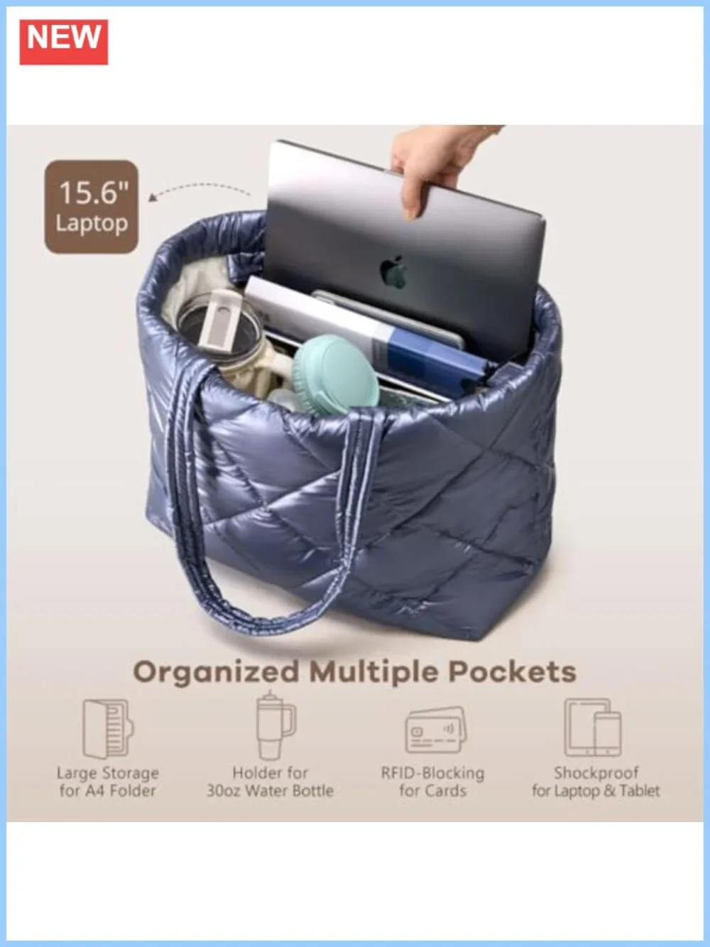 Women's 26L Quilted Puffer Tote Bag with Laptop Compartment and RFID Blocking